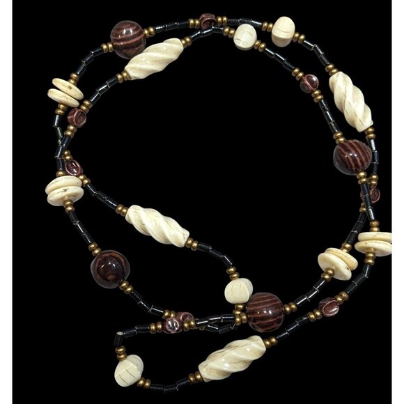 Vintage Chunky Brown Cream And Black Beaded Necklace - Picture 1 of 4